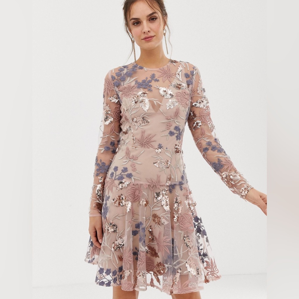 BRONX AND BANCO Aurora Embroidered Sequin Fit & Flare Dress Small Size 4
